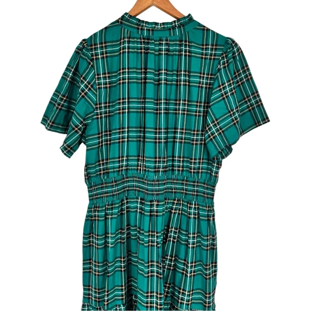 Sugarlips Teal Plaid Midi Dress size 2X Short Sleeves Smocked Waist - Image 5