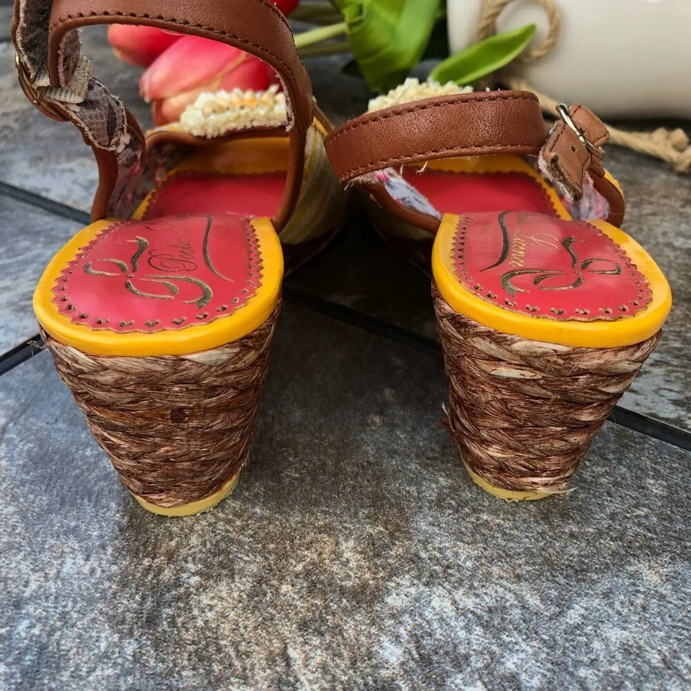 Poetic License Ava Sunshine Stripe Flower Wedge Slingback Sandals Sz 9 Yellow - Image 5