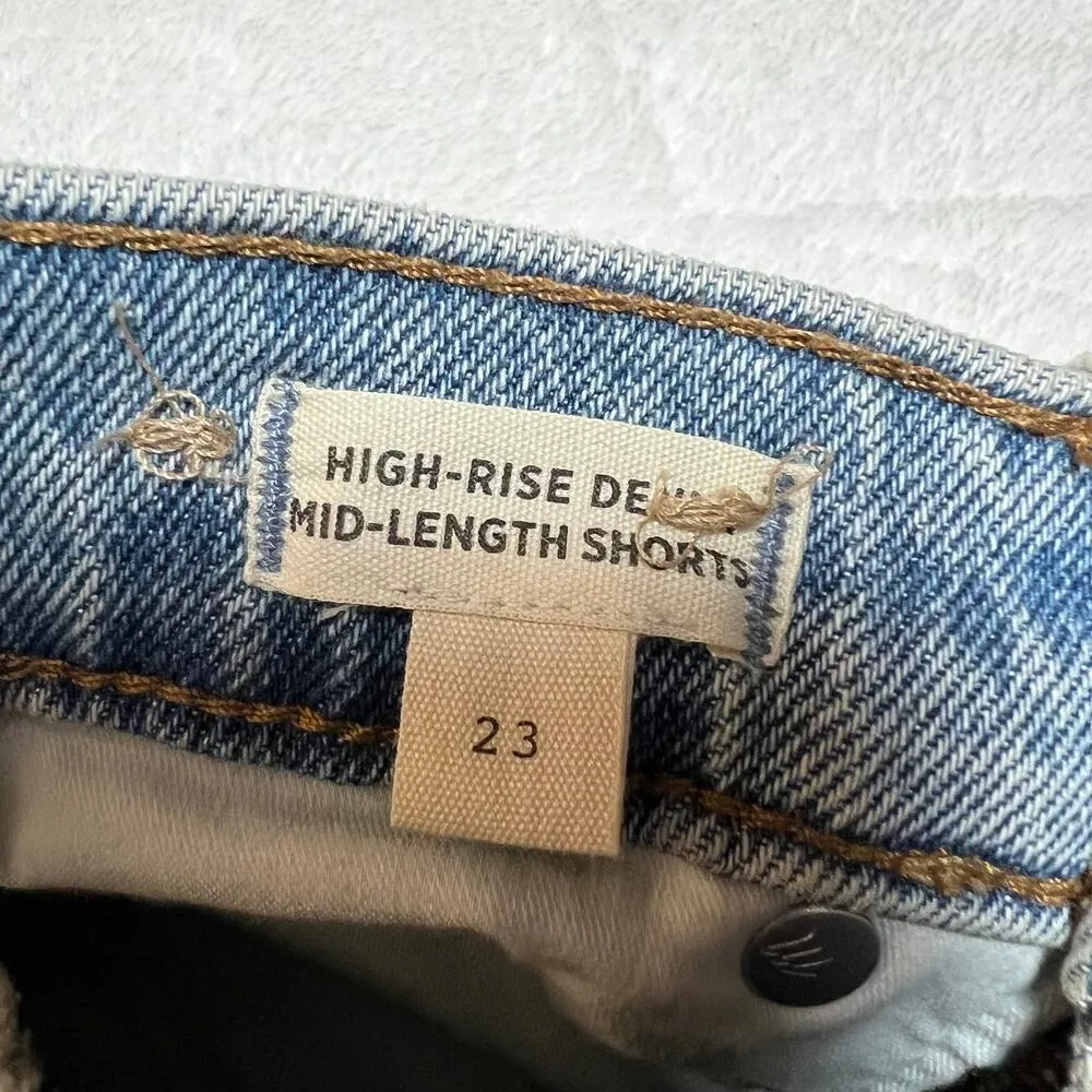 Madewell High Rise Mid Length Denim Shorts Woodvale Wash Size 23 Raw Hem - Image 7