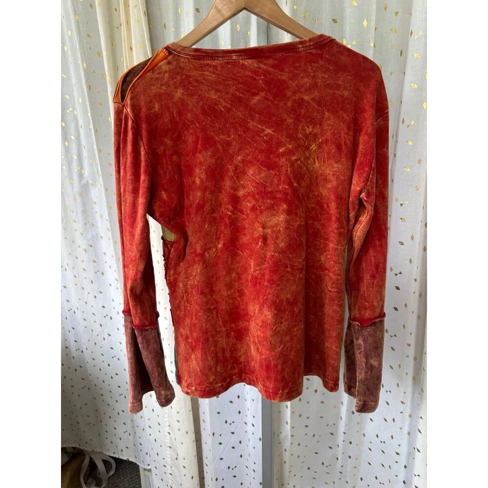 Unbranded 100% Cotton Mineral Wash Dye Geometric Patchwork Long Sleeve Shirt L Orange Size L - Image 3