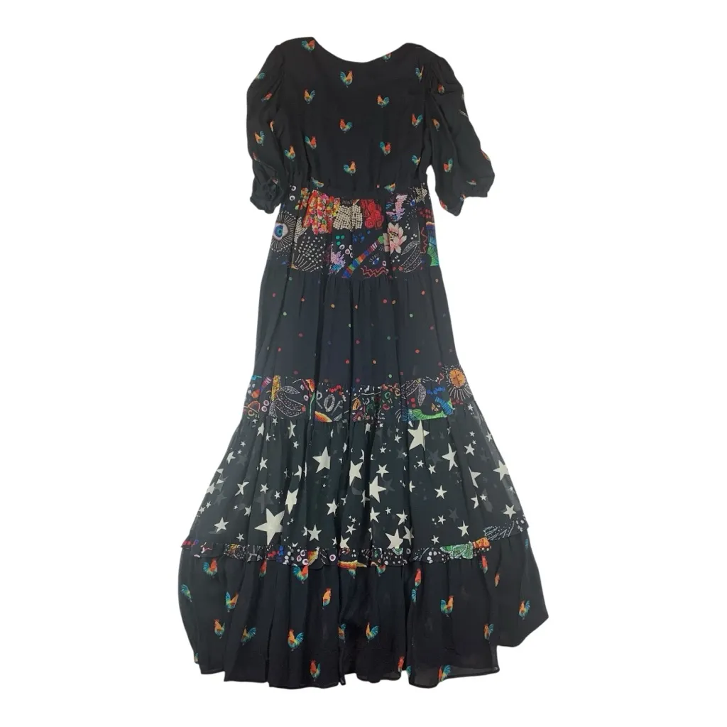 Farm Rio size small mixed stardust maxi dress Celestial Black chickens tiered - Image 3