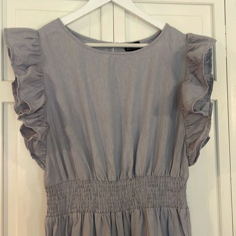 Nicole Miller 100% linen purplish grey ruffle sleeve smocked waist dress small - Image 4