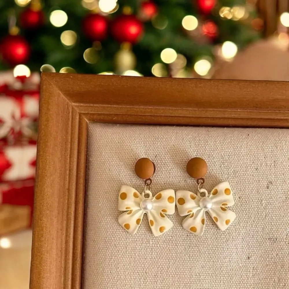 Vintage Style Chic Polka Dot Bow Stud Earrings Hypoallergenic Durable Zinc Alloy Tan - Image 5