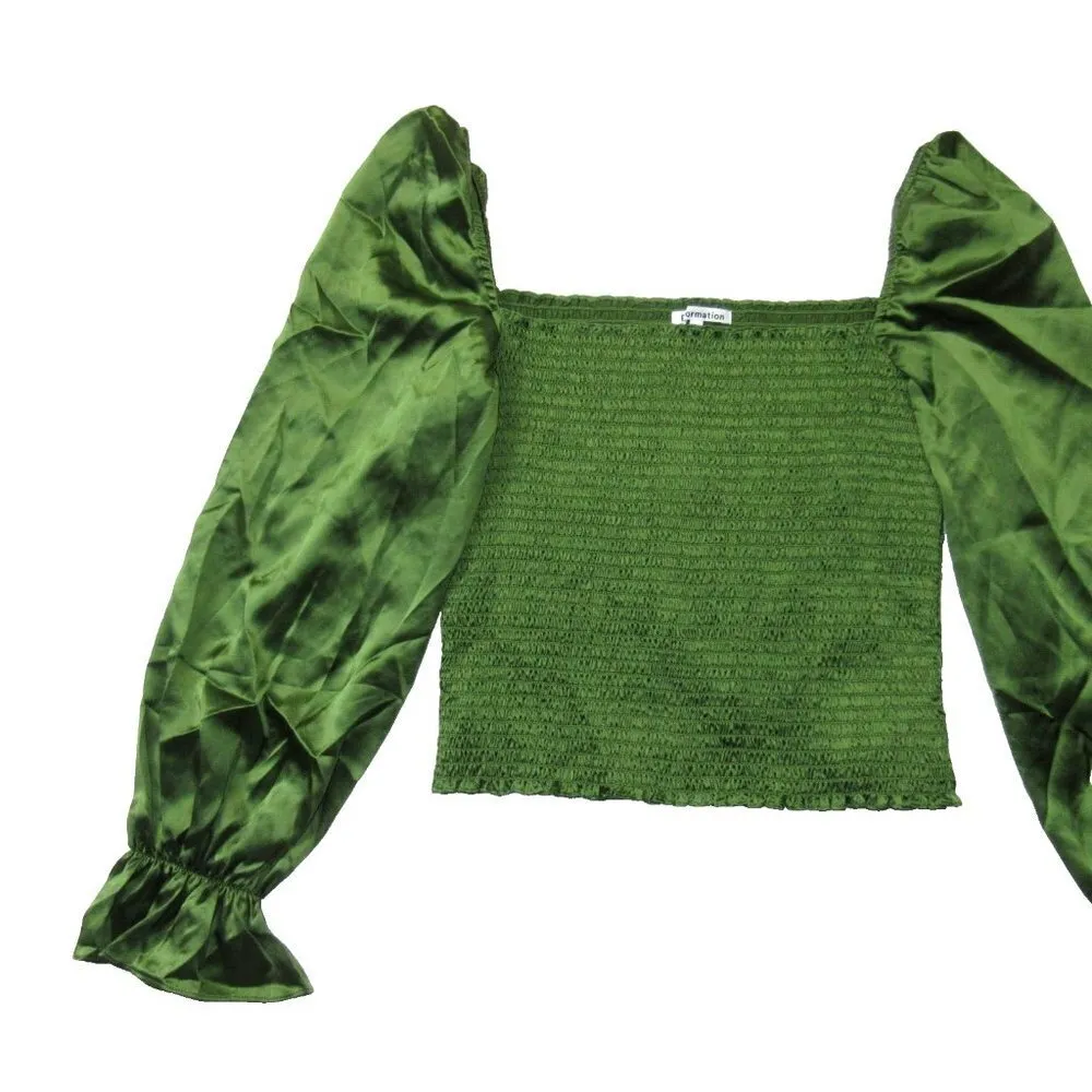 NWT Reformation Chamomile Top in Moss Green Silk Satin Smocked Blouse M - Image 2