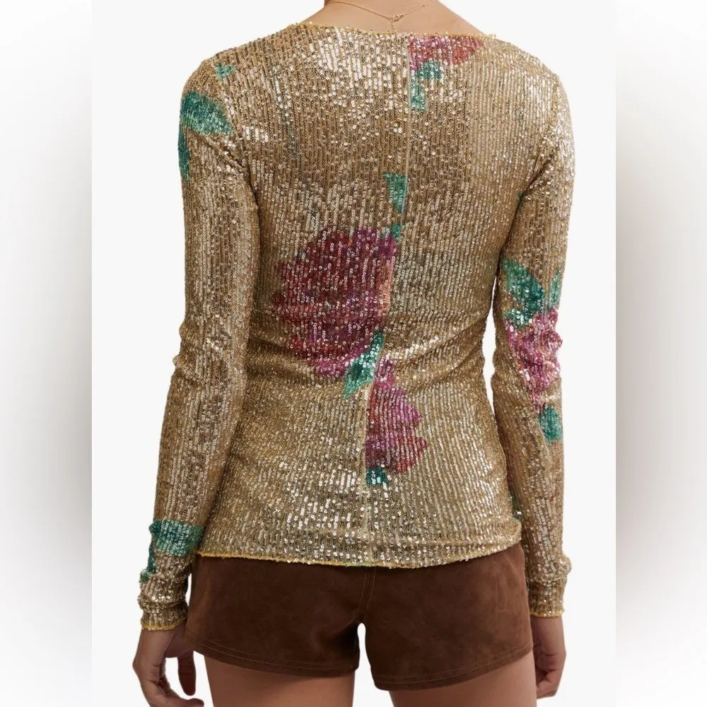 Free People Gold Rush Floral Sequin Top, Champagne/Pink, Medium,‎ NWOT - Image 3