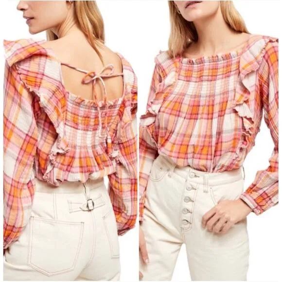 NWT Free People Sienna Plaid Ruffle Square Neck Blouse S - Image 2