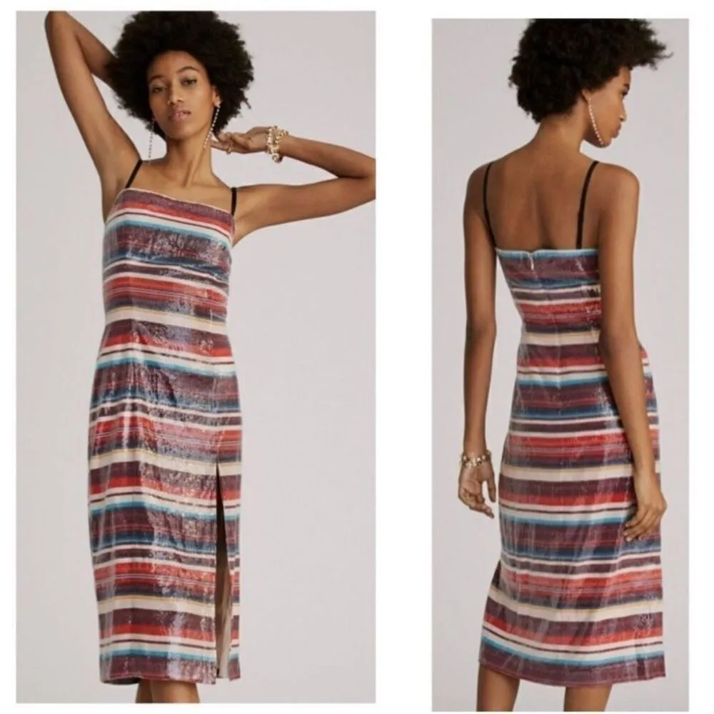 HUTCH Anthropologie Sequined Fall Multicolor Stripe Slip Midi Cocktail Dress Sz - Image 2