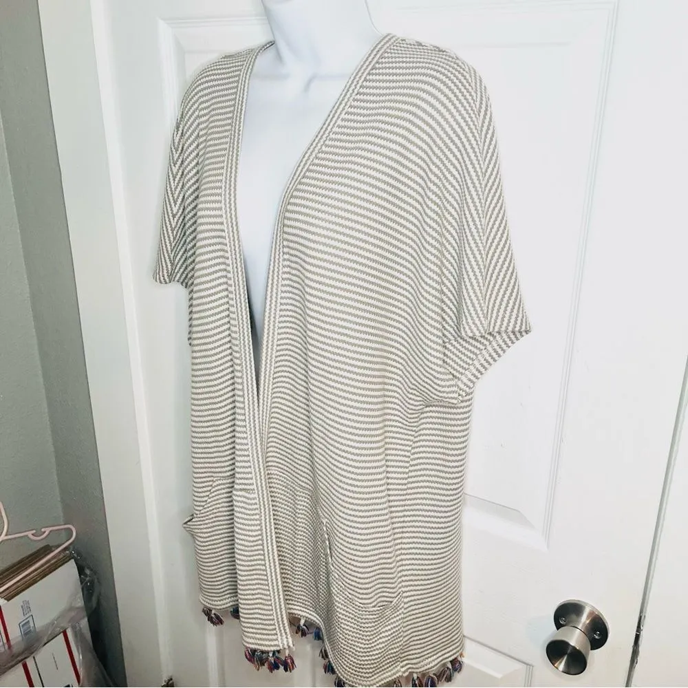 Main Strip Stripe Waffle Cardigan Tassel Hem Open M - Image 4