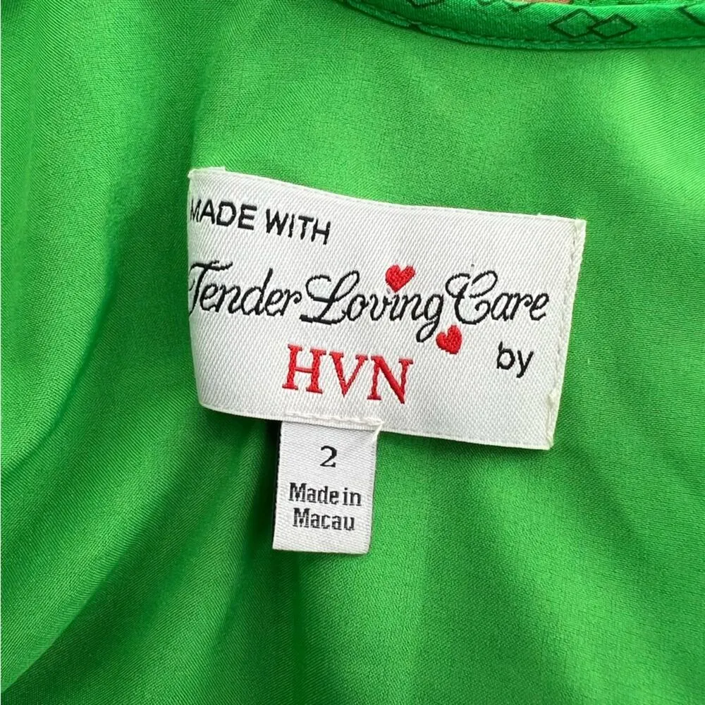 HVN silk crepe de chine mini dress ruffle neck peach print sz 2 Green - Image 5