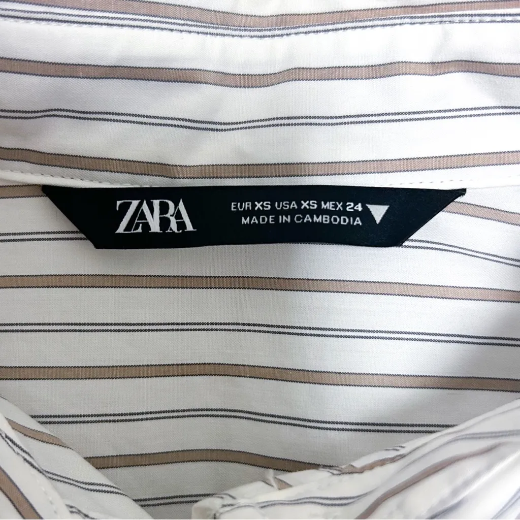 Zara White Taupe Stripe Button Up Distressed Raw Hem Collar Crop Blouse XS - Image 7