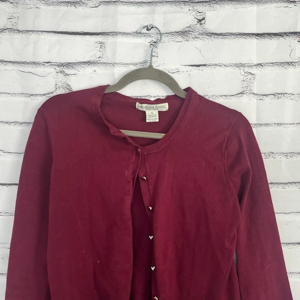 Y2K Melrose Chic Burgundy Button Front Knit Cardigan Women’s Medium Long Sleeve Red - Image 5