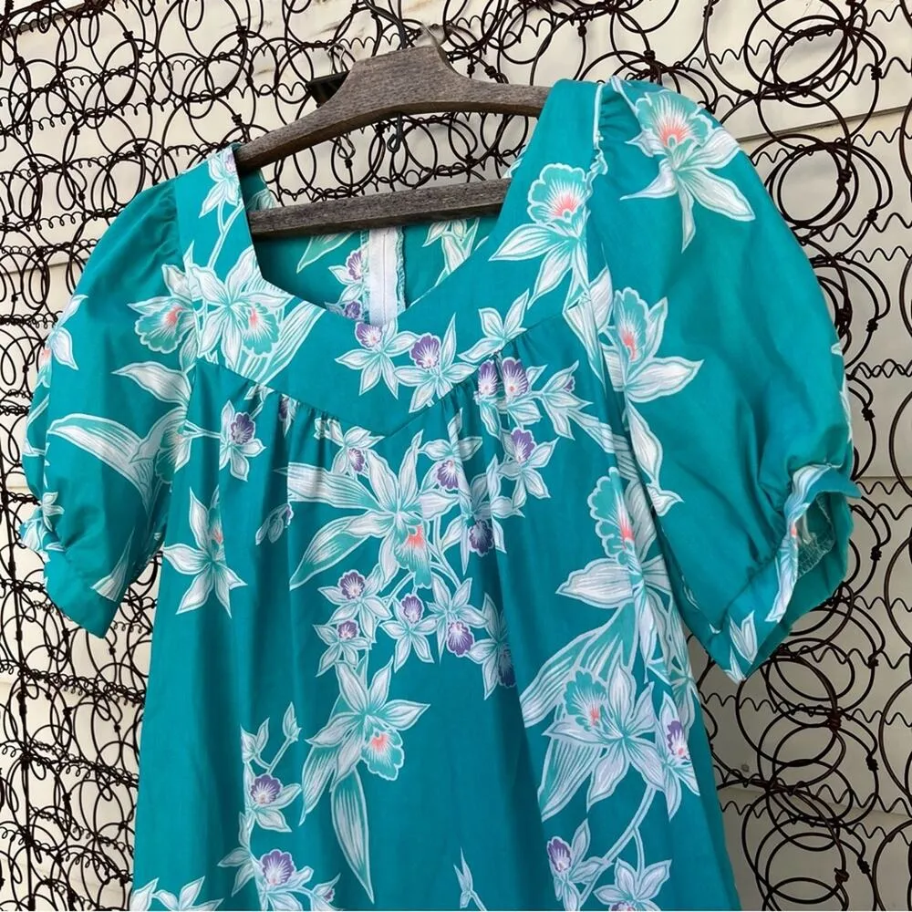 Vintage Royal Hawaiian Creations teal white tropical hibiscus ruffle hem dress Blue - Image 2