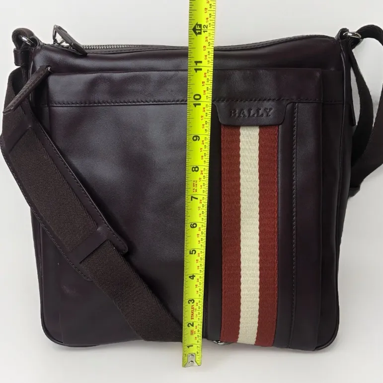 BALLY Brown Calfskin Top Zip Crossbody Messenger Shoulder Bag Striped Strap - Image 12