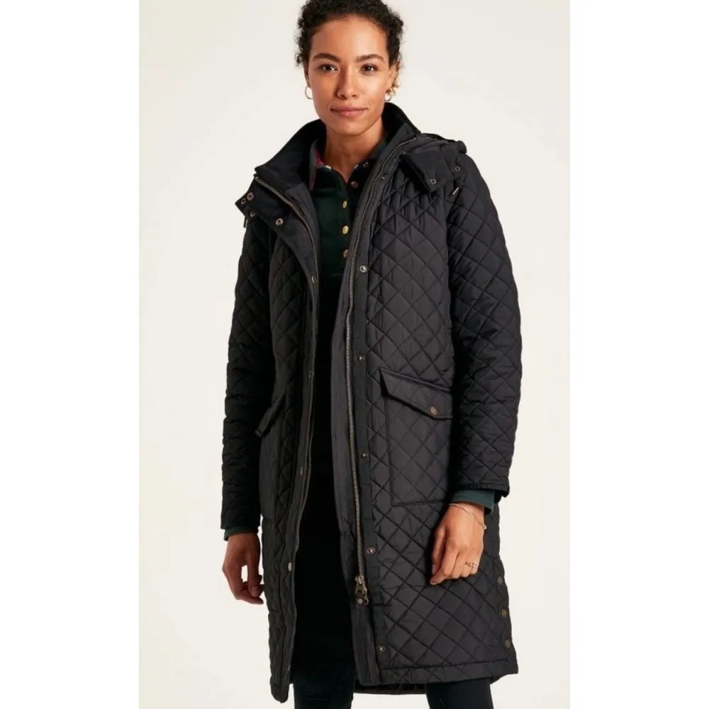 Joules Chatsworth Black Showerproof Long Diamond Quilted Coat Hooded Size 14 - Image 2