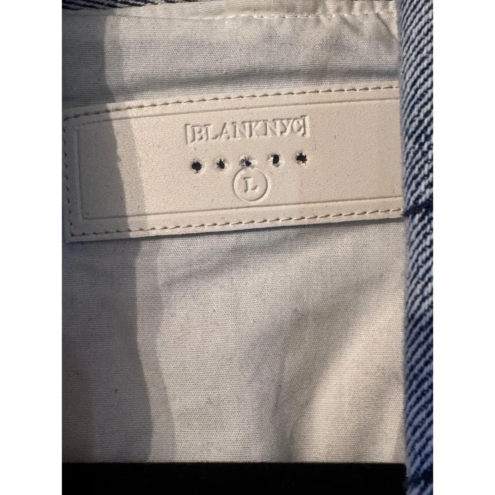 BLANKNYC Quilted Denim Jacket Patchwork Geometric Print Collar L 100% cotton White Size L - Image 7