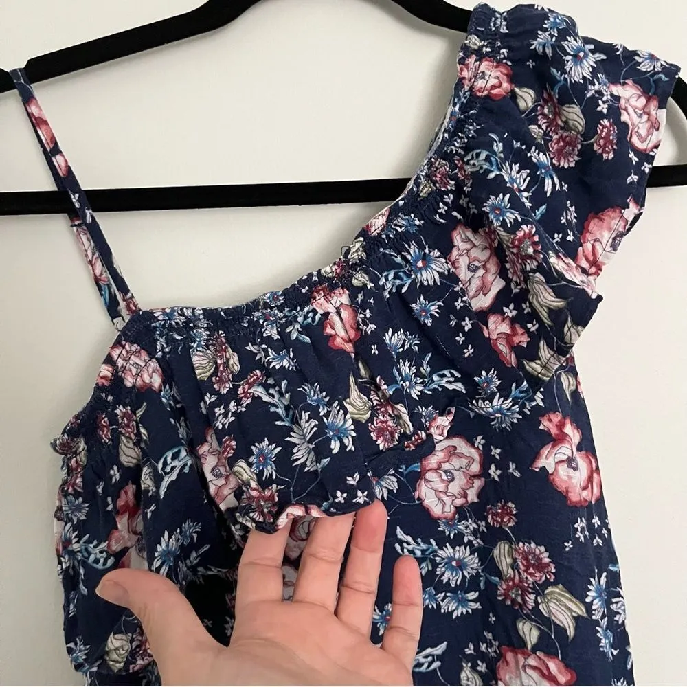 Pink Rose Floral One Shoulder Ruffle Mini Dress Navy Blue Size Small - Image 2