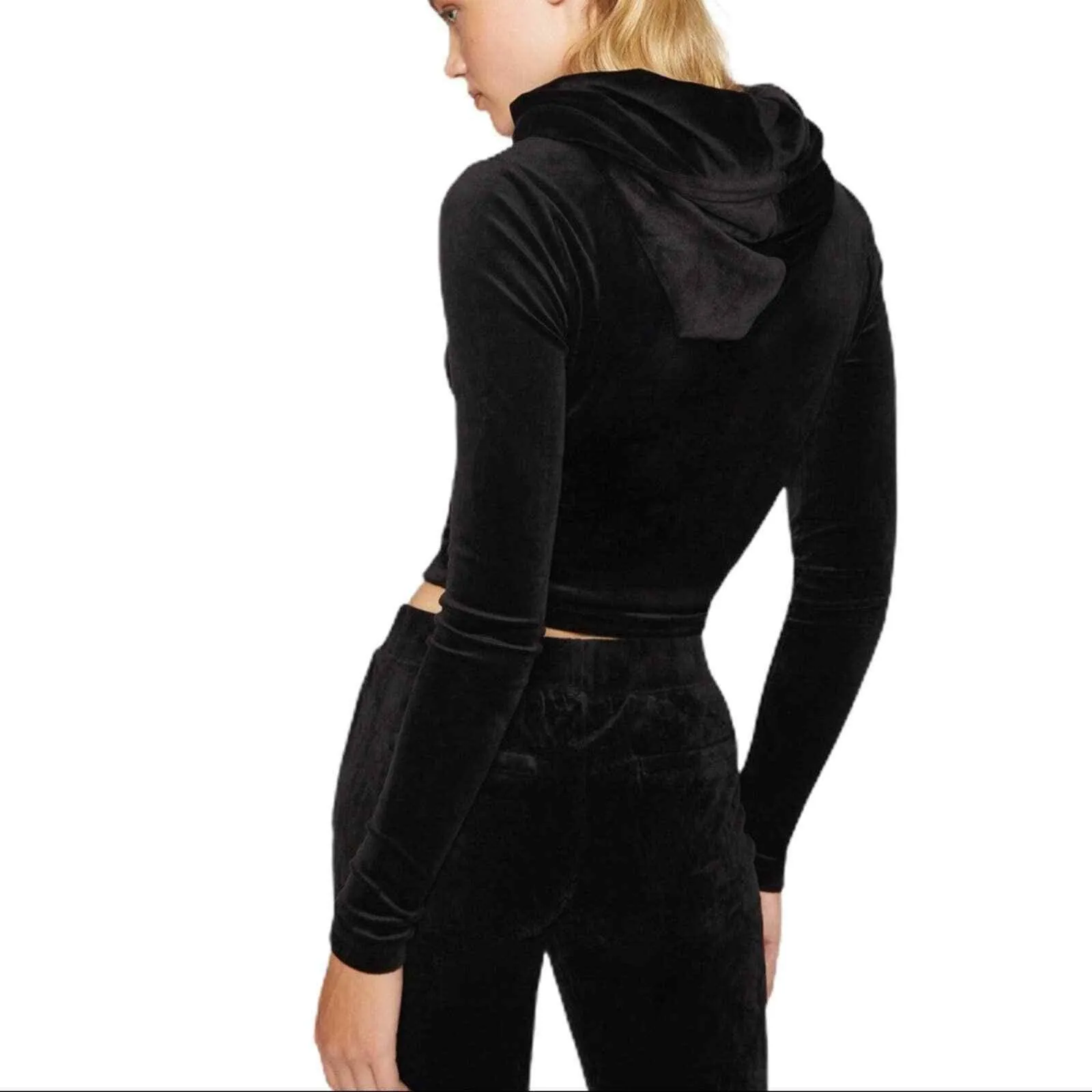 Pam & Gila black velvet cropped hoodie small new‎ - Image 4