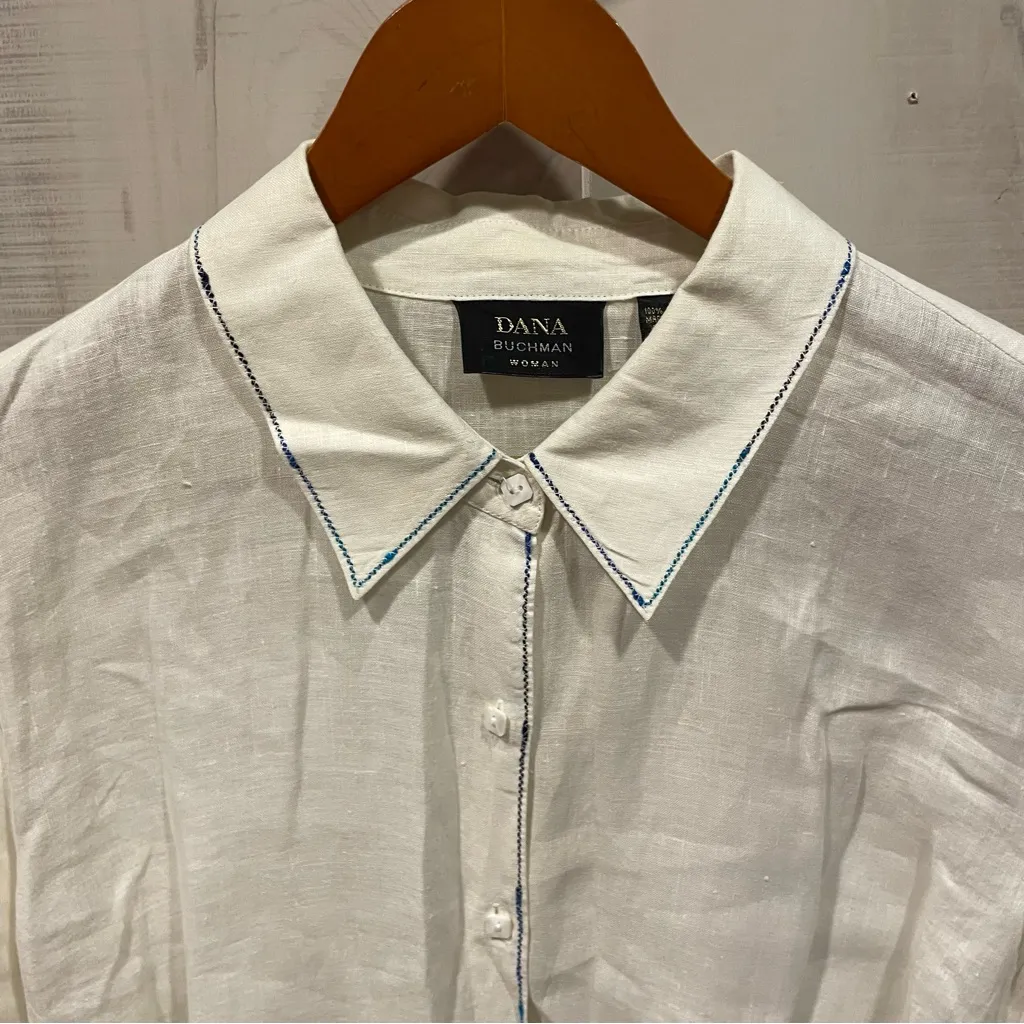 Lovely vintage 90s Dana Buchman linen square button creamy blouse blue trim - Image 15