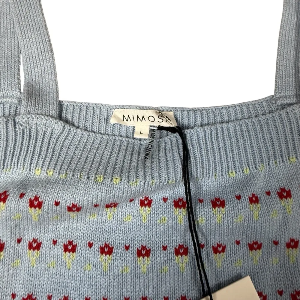 Mimosa Spaghetti Ribbed Crop Top Womens Size Large Blue Floral - Image 2