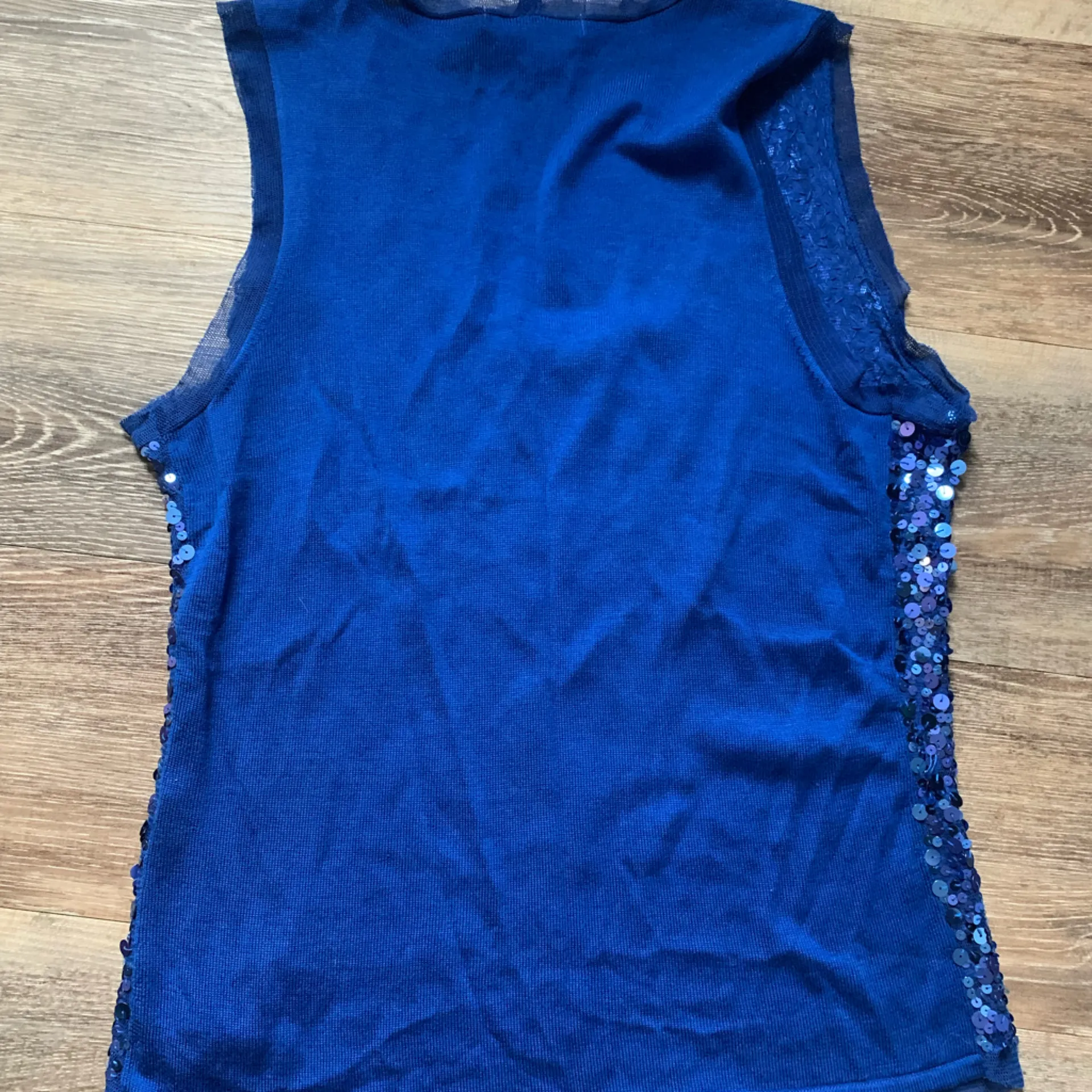 Caché Luxe Blue Sequin Silk Sleeveless Top L - Image 5