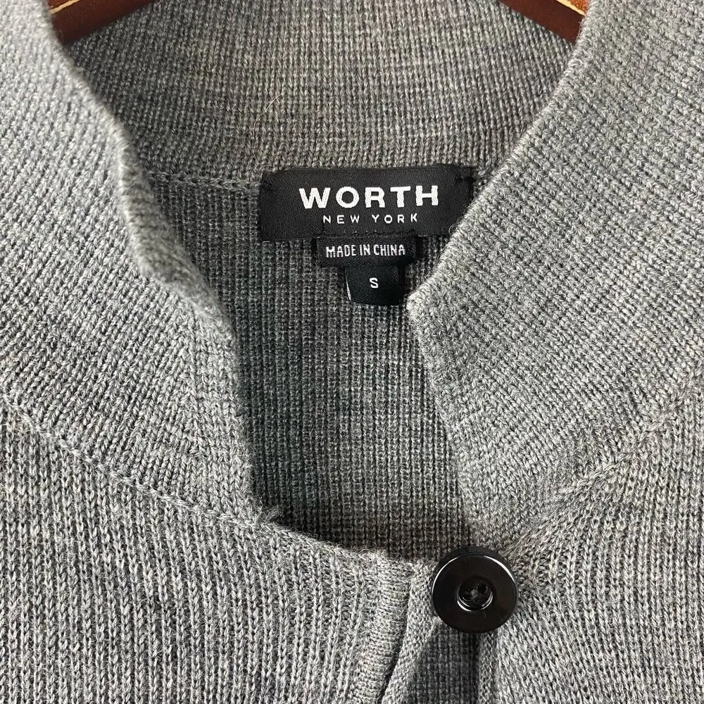 Worth Gray Wool & Leather Sleeveless Open Front Cardigan Duster Vest Small - Image 8