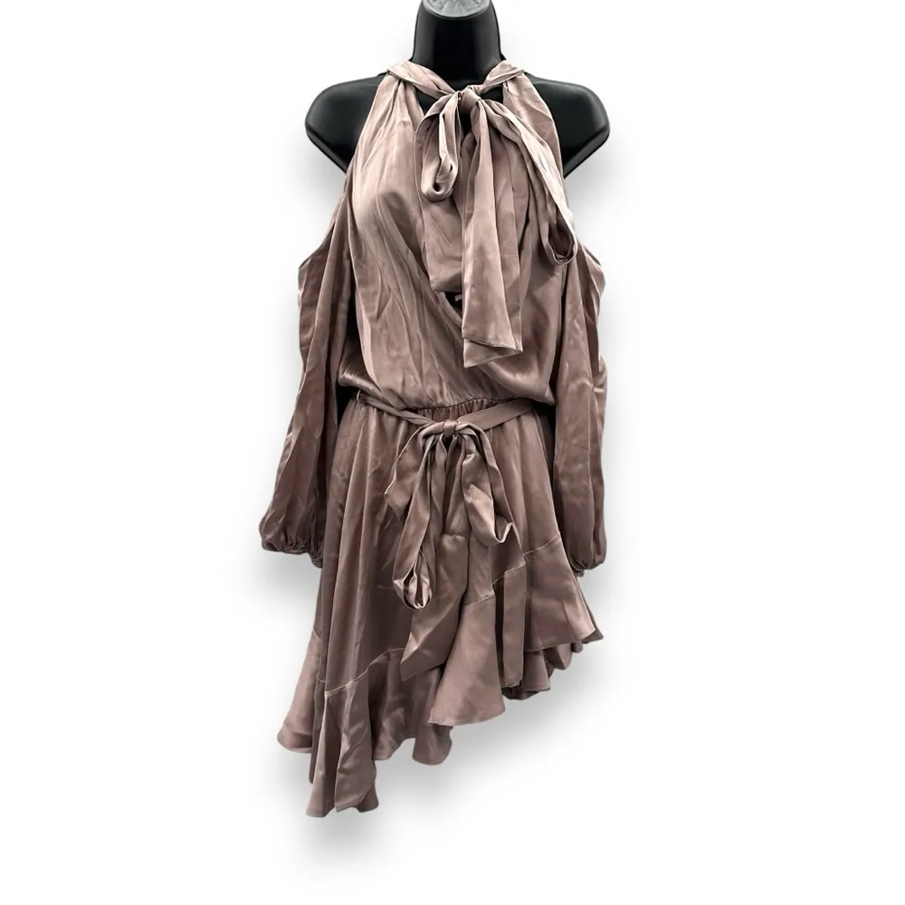 Zimmerman 100% Silk Sueded Billow Cold Shoulder Tie Asymmetrical Mini Dress Sz 6 - Image 3