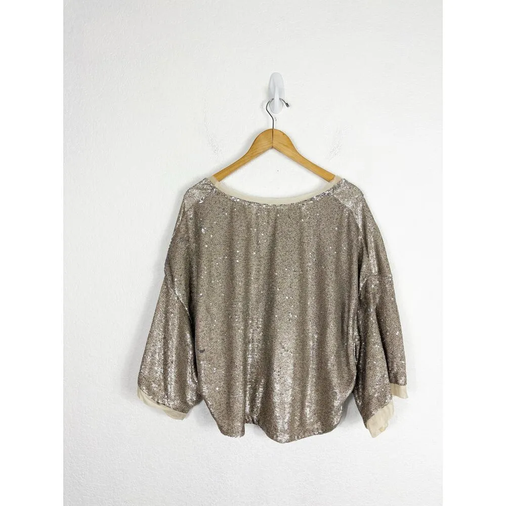 Free People Champagne Dreams Tee Small Neutral Gold Sequin Oversized Cropped - Image 12