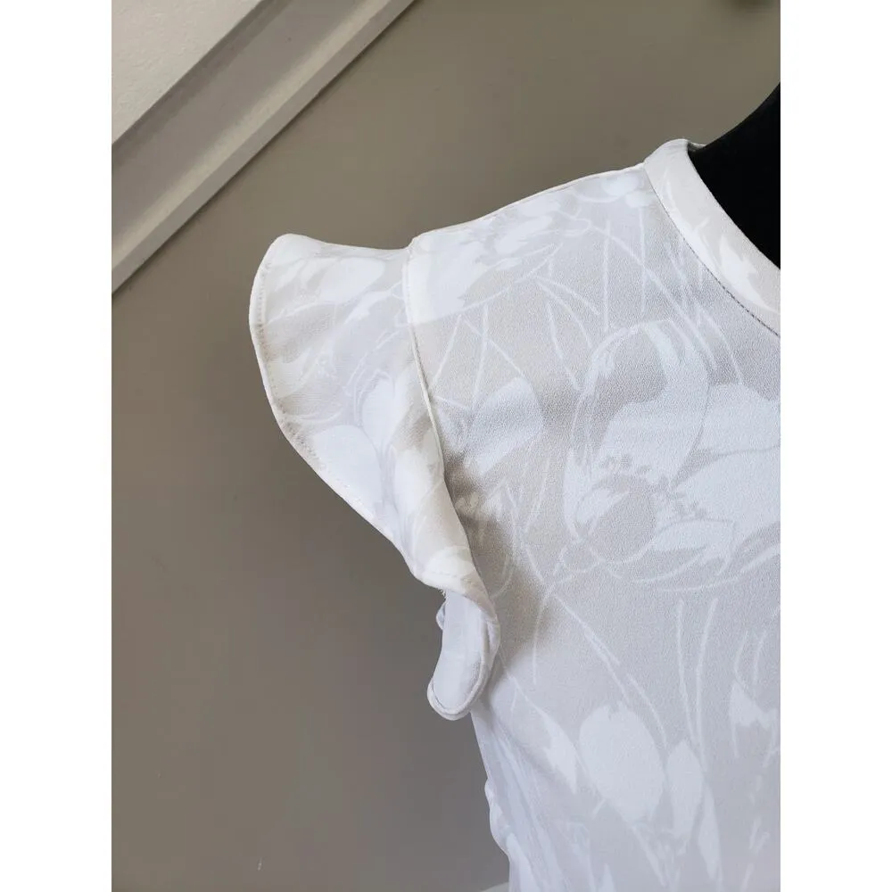 J.Crew Blouse Top Women's 0 Beige Floral Back Zip Ruffle Cap Sleeve Crew Neck - Image 9