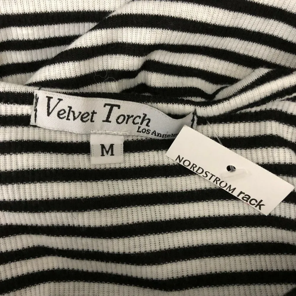 Velvet Torch Mini Dress A Line Long Sleeve Striped Ruched Black White Size M - Image 4