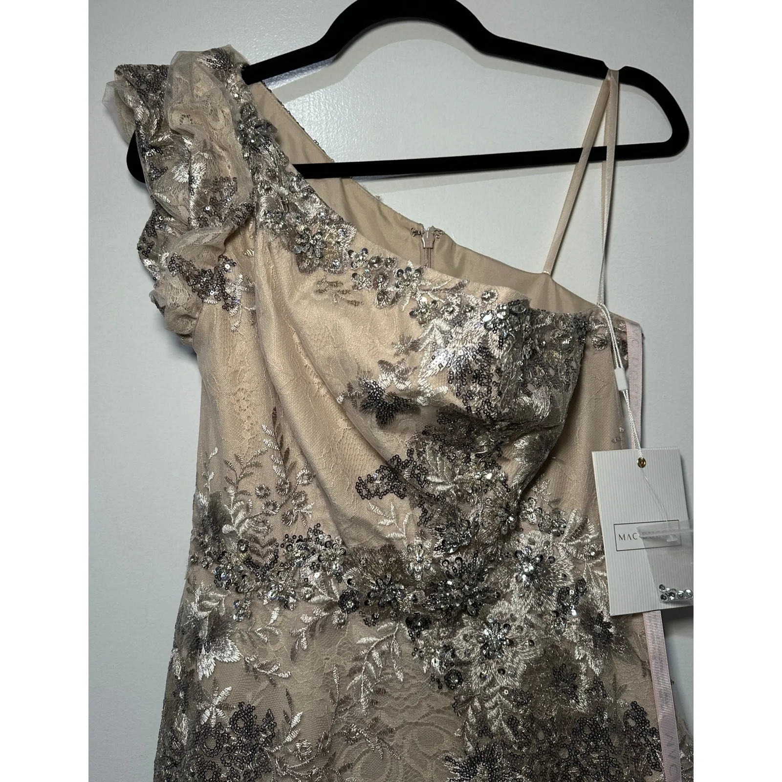 Mac Duggal One Shoulder Beaded Lace Gown Mocha Size 6 NWT 67960 MOB Sequin Dress - Image 4