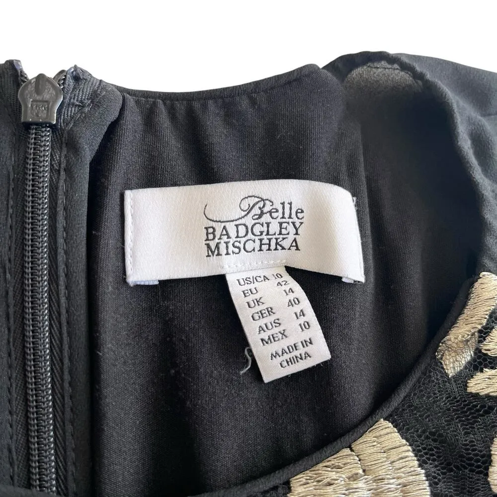 Badgley Mischka Belle Black Gold Embroidered Long Sleeve Cocktail Dress Size 10 - Image 3