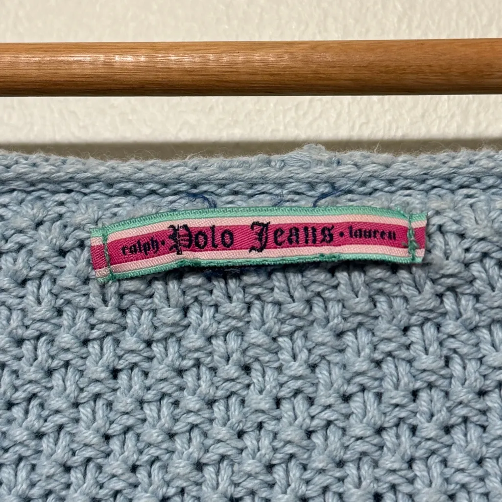 Vintage Polo Ralph Lauren Cable Knit V-Neck Sweater Size Large Hoodie Blue Y2K - Image 3