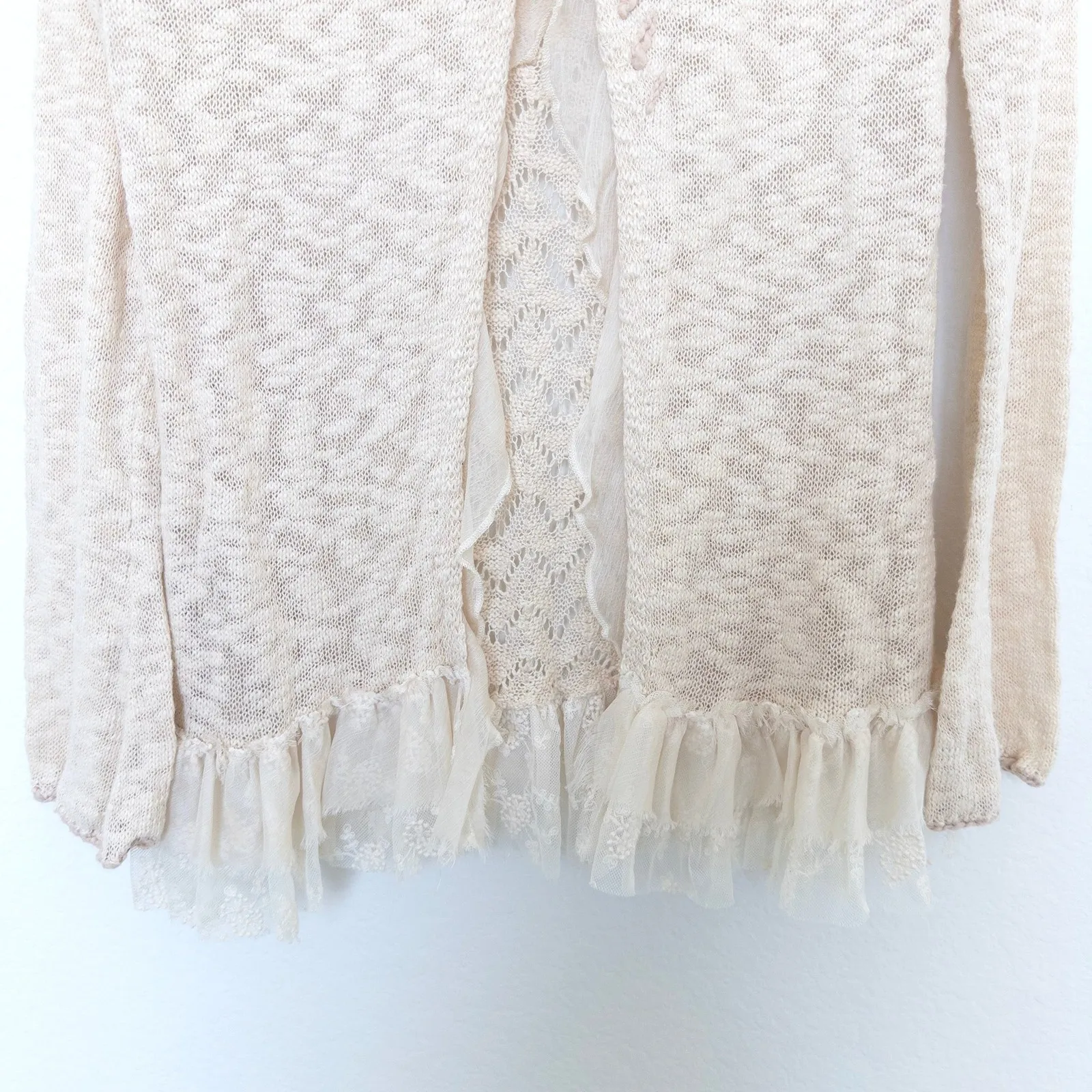 Y2K‎ BKE Womens Sweater Size M Beige Crochet Knit Lace Long Sleeve Boho Cottage - Image 8