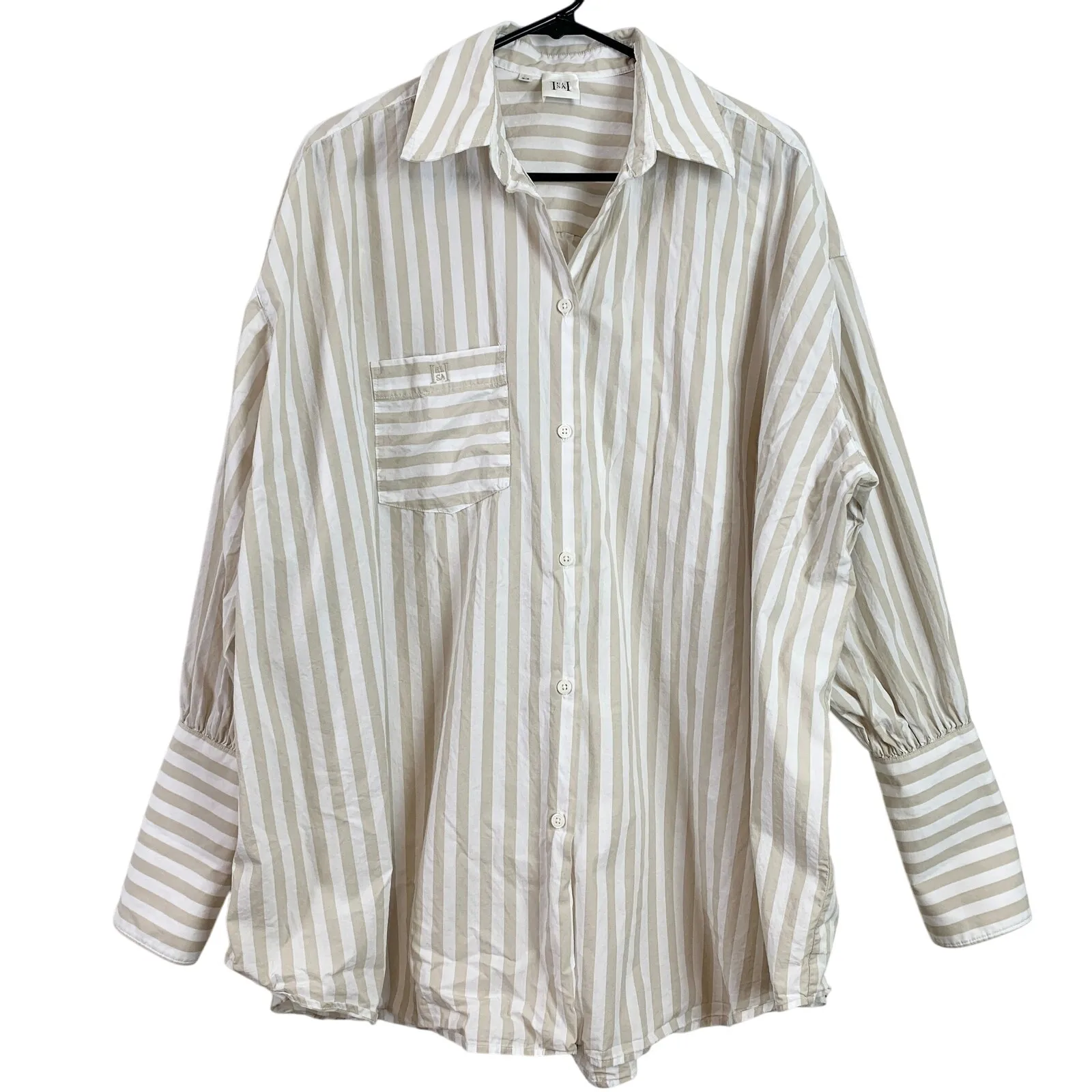 Helsa Cotton Poplin Striped Oversized Button Front Shirt Top Beige Stripe OS - Image 9