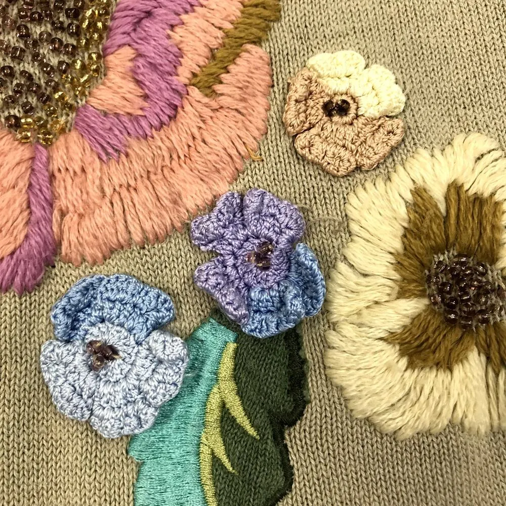 STORYBOOK KNITS Patchwork Sweater Women S Asym Fringe Linen Cottage Boho Y2K Green - Image 6