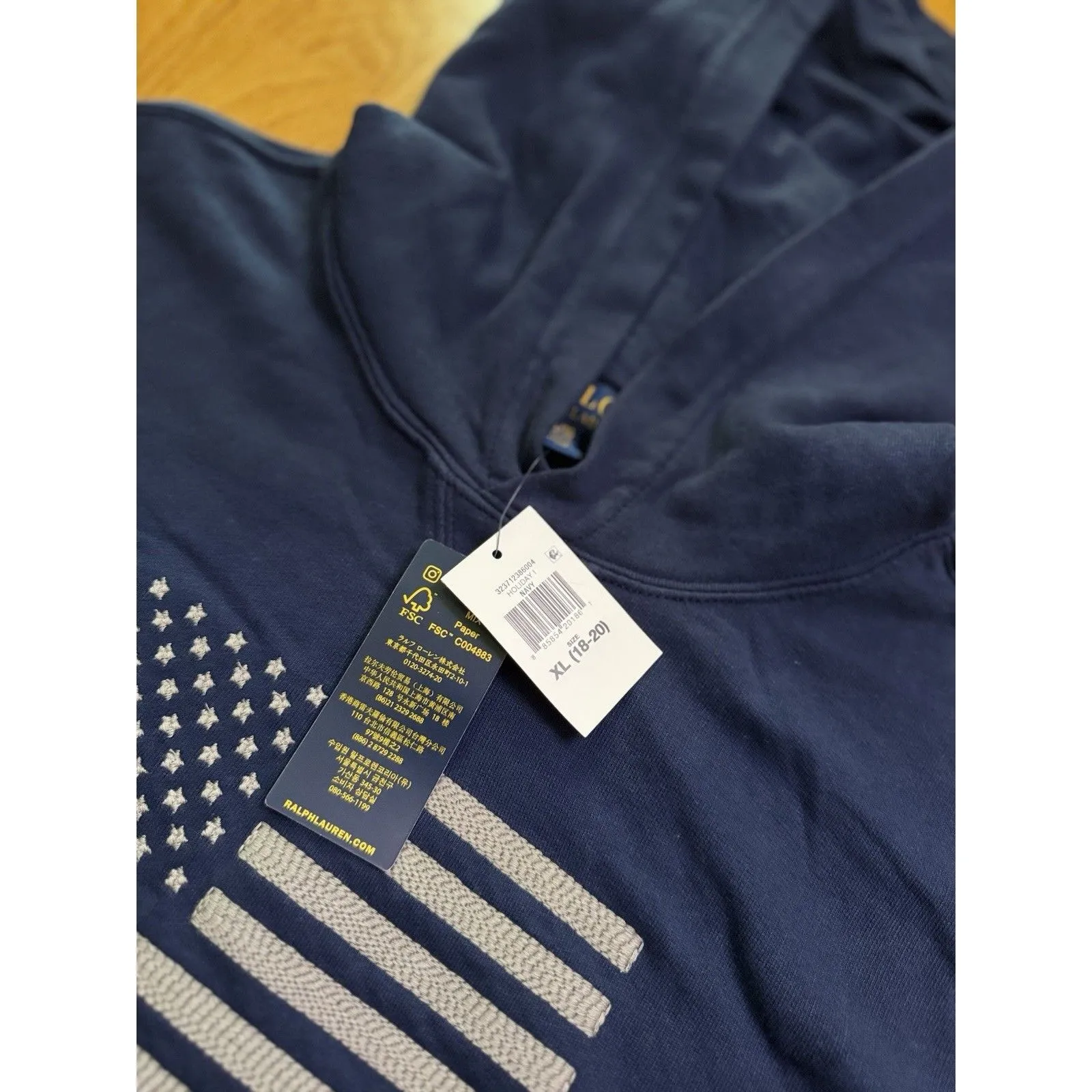 Polo Ralph Lauren USA Flag Pullover Fleece Hoodie Sweatshirt Blue XL 18-20 NWT - Image 4