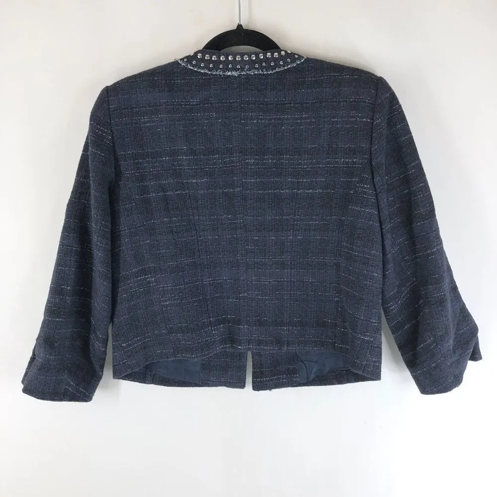 Ann Taylor LOFT Womens Jacket Tweed Lined Studded Hook & Eye Navy Blue 8 - Image 2