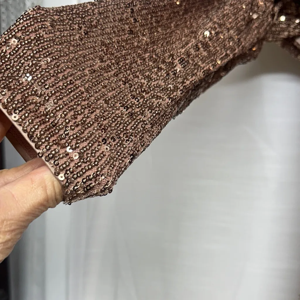 Vince Camuto Sparkling Bronze Long Sleeve Dress Draped off Shoulder Sweetheart - Image 4