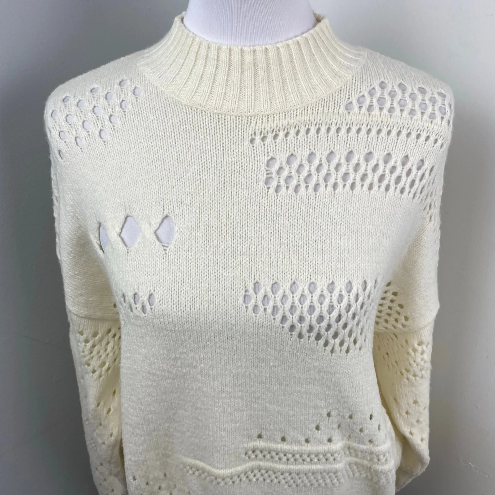 Autumn Cashmere Ivory Distressed Mock Neck Knit Sweater Medium - Image 2