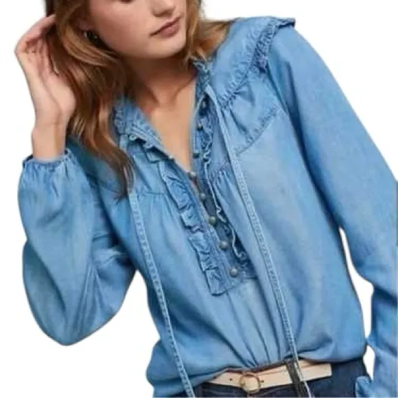 Maeve by Anthropologie Denim Blue Ruffled Long Sleeve Blouse Size Small - Image 3