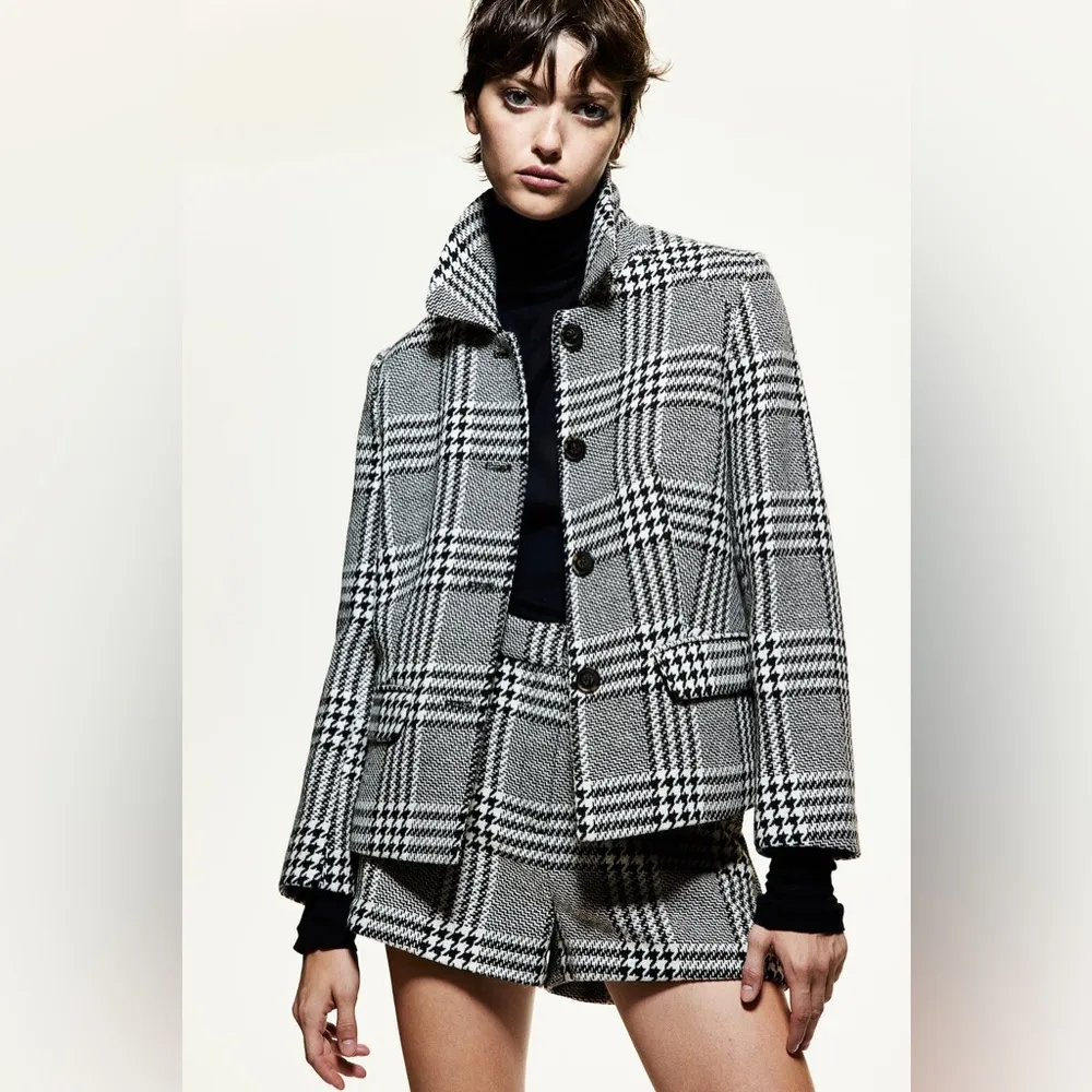 NWT Tweed Houndstooth Plaid High Waist Coquette Dress Shorts Black White H&M 2 - Image 11