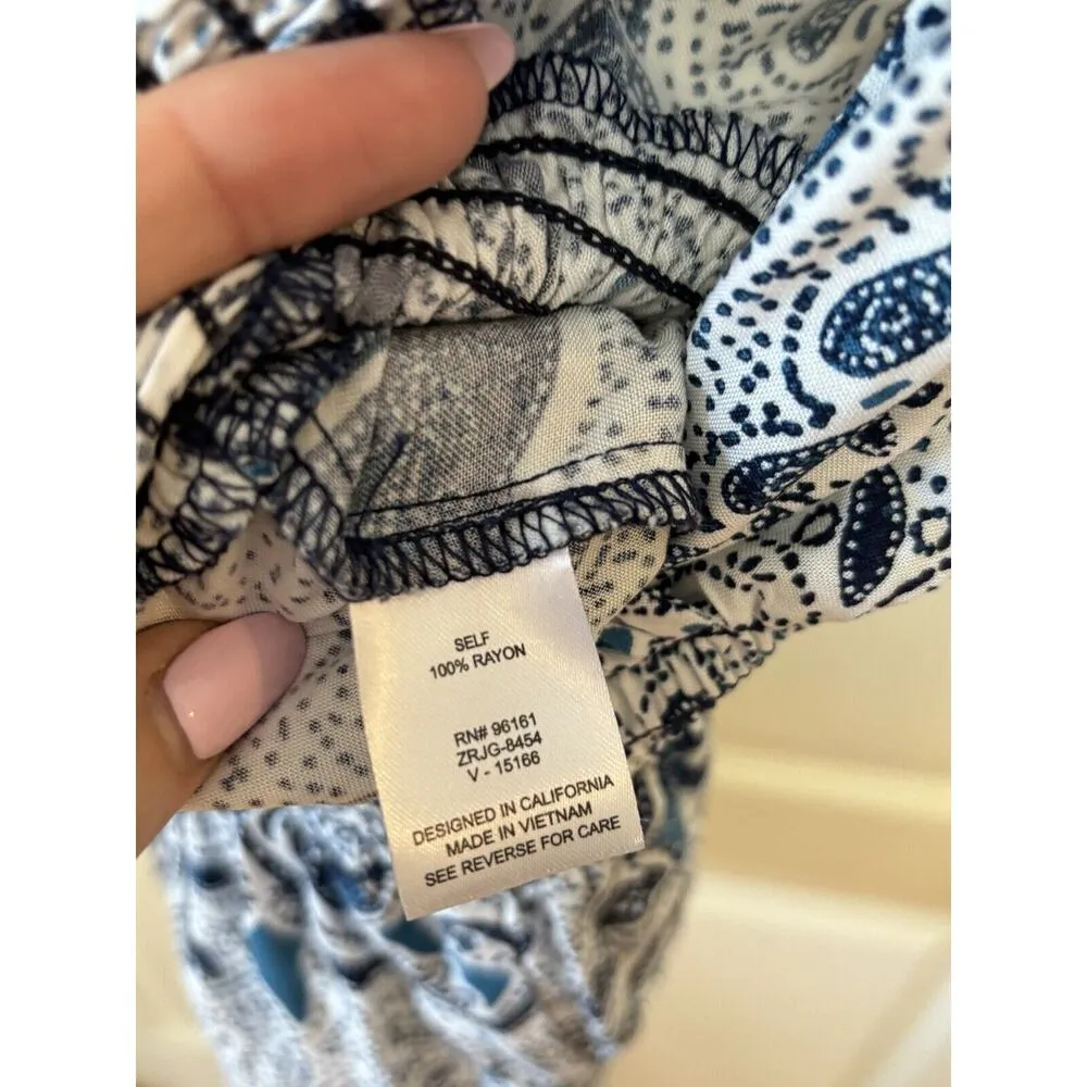 NWT BeBop Sleeveless Short Romper Blue/White Paisley Boho Tassles Juniors Large - Image 6