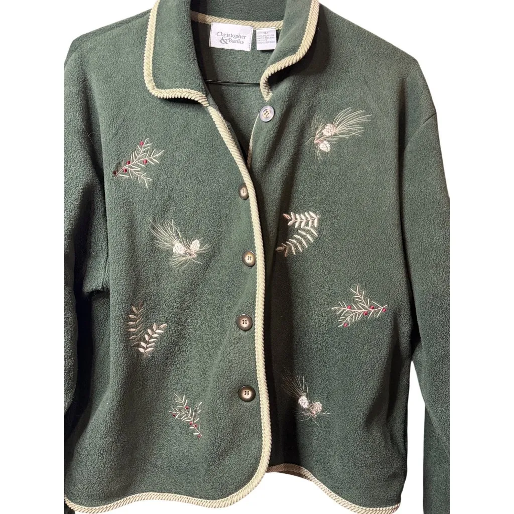 VTG Christopher Banks Women Large Green Botanical Embroidered Cozy Fleece Jacket - Image 6