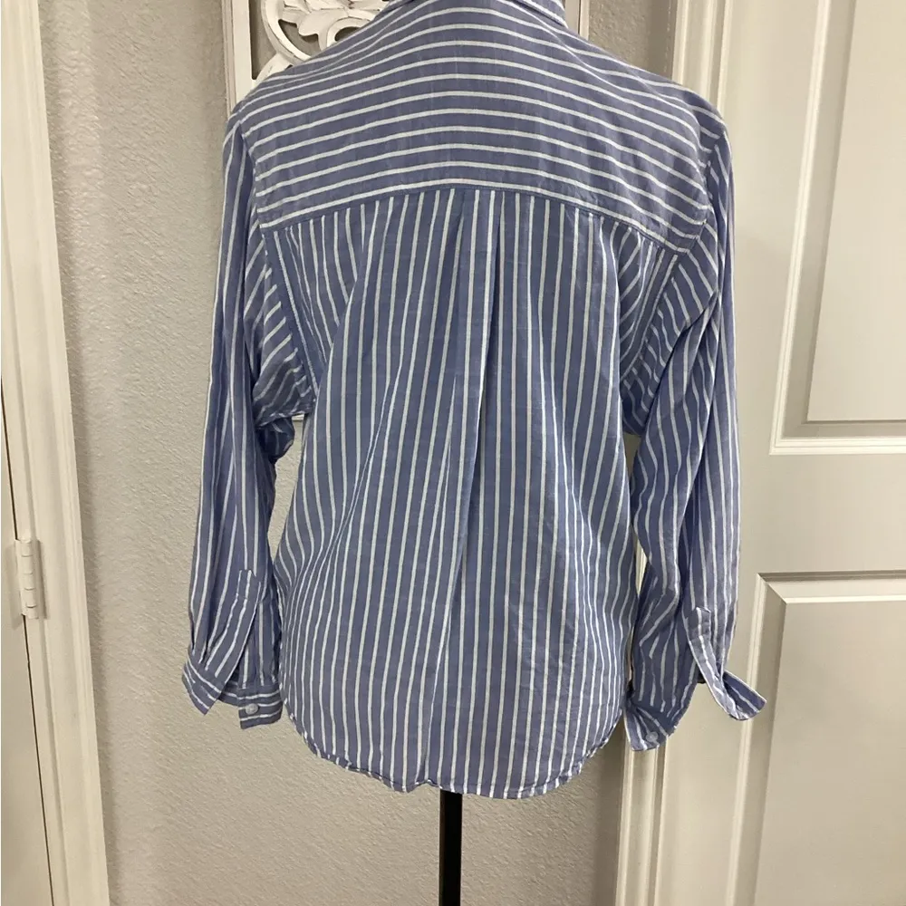 Beachlunchlounge Collection Button Up Shirt Blue White Striped Long Sleeve - Image 3