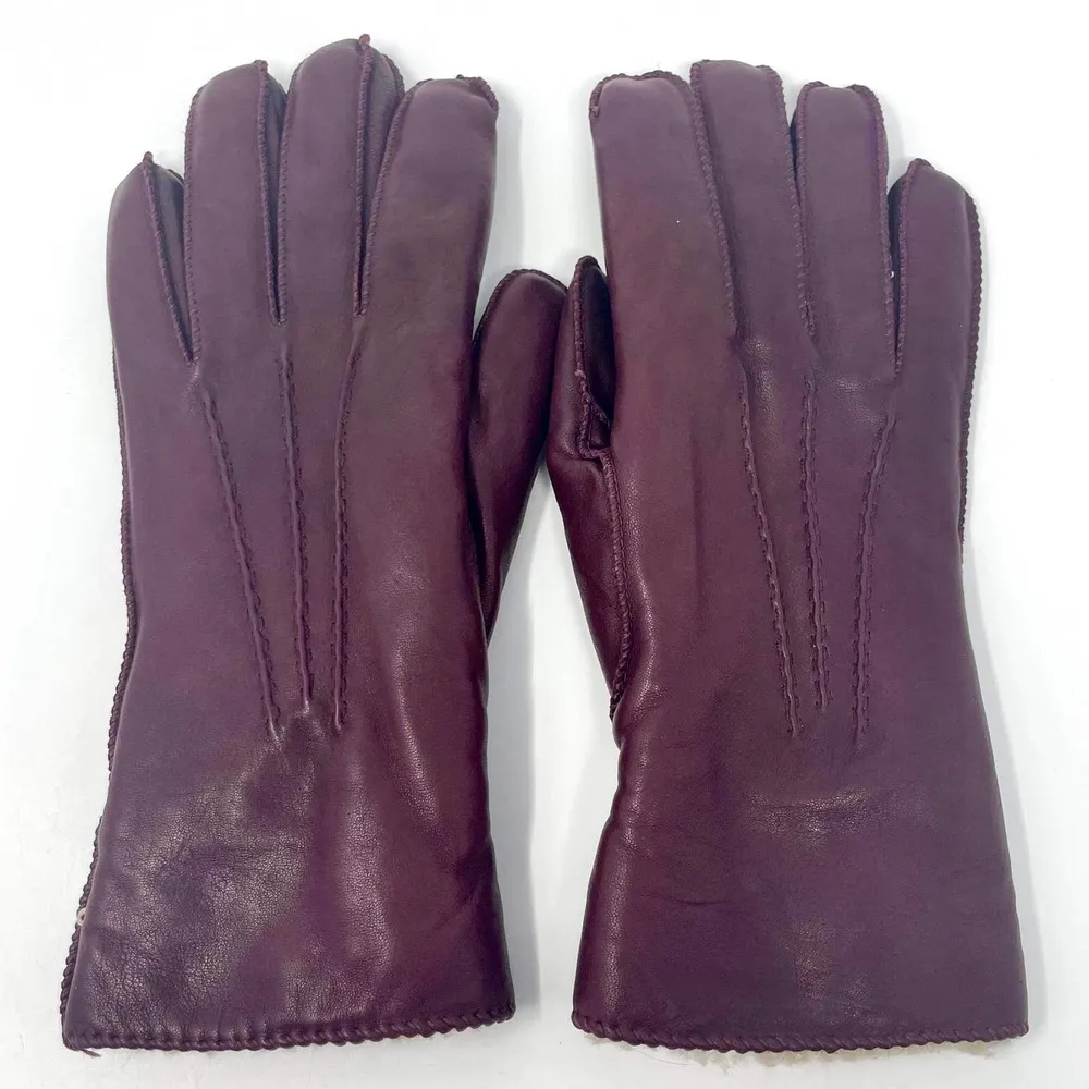 90s GRANDOE Vintage Red Tan Faux Sherpa Lined Gloves - Image 7