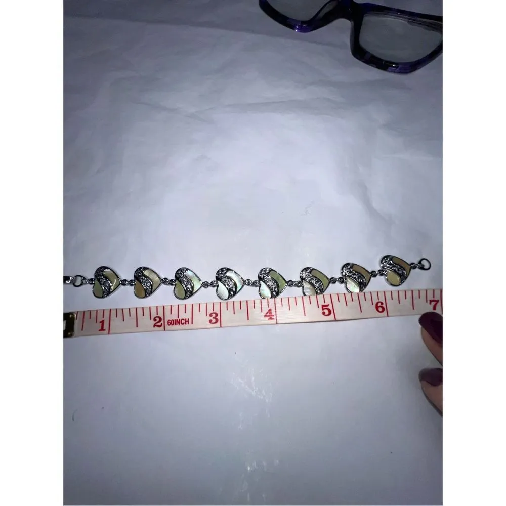 Vintage Silver Tone and Abalone Heart Link Bracelet - Image 4