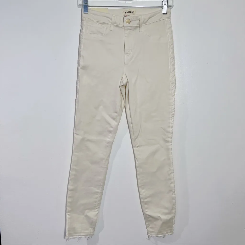 L'agence Margot High Rise Skinny‎ Jeans Vintage White Velvet Tuxedo Stripe 25 - Image 2