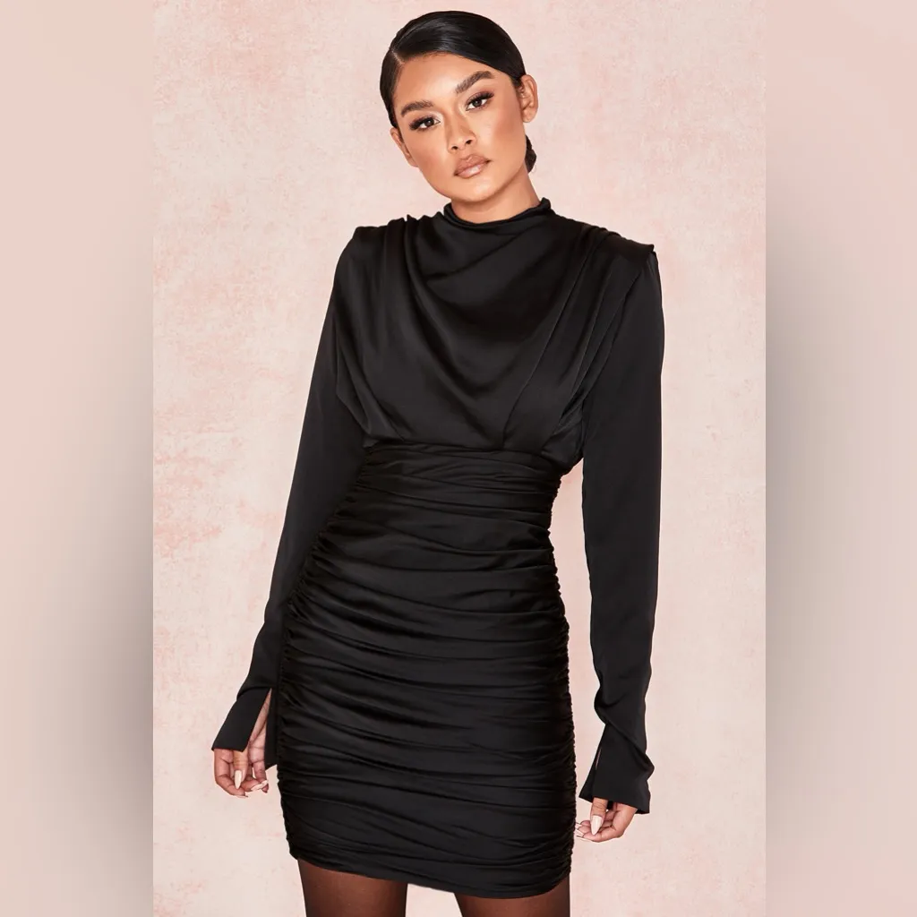 CBR CHIC BOUTIQUE ROSE Black Satin Ruched Mini Dress SIZE MEDIUM - Image 2