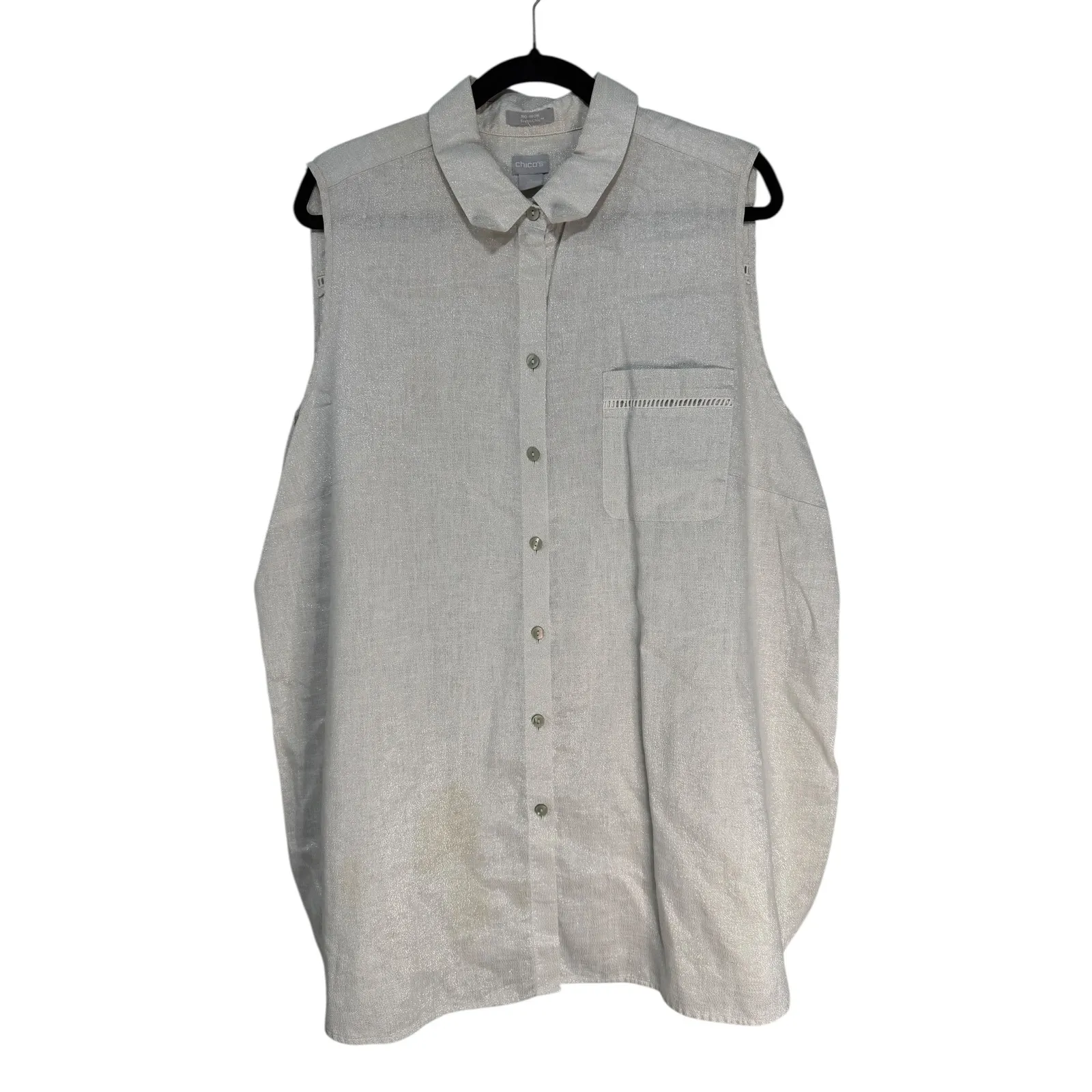 CHICOS Silver Metallic Linen Blend Sleeveless Collared Button Up Top 4 20 22 - Image 9
