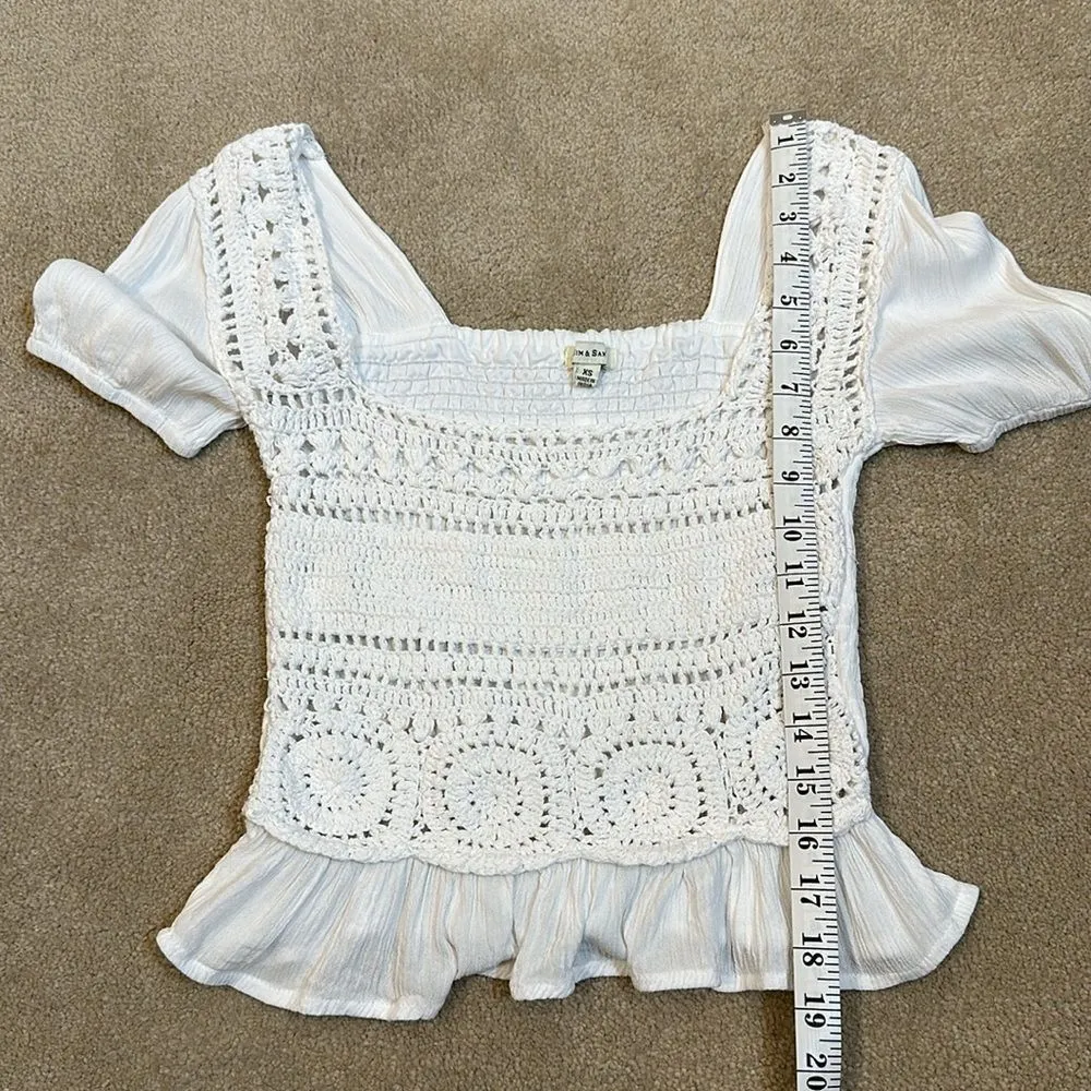Sim & Sam White Crochet Square Neck Summer Beach Crop Ruffle Shirt Women’s XS - Image 4